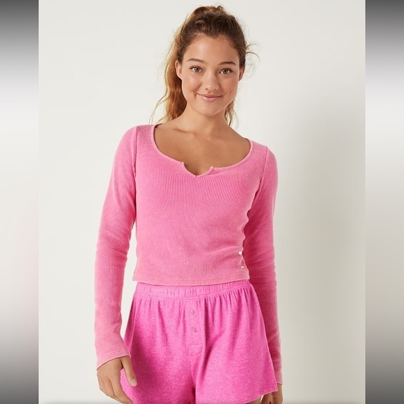 PINK Victoria's Secret Tops - Victoria’s Secret PINK, Cropped Long Sleeve, Pink Shirt - Size XXL
